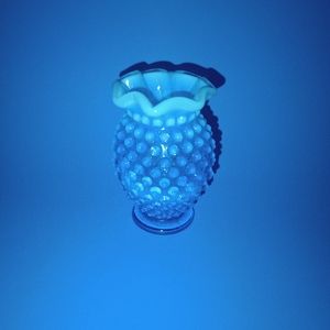 Fenton Art Glass Vase Blue Opalescent Hobnail Ruffled Edge Vintage